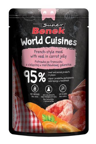 Super Benek World Cuisines Karma pełnoporcjowa dla dorosłych kotów. Potrawka po francusku z cielęciną w marchewkowej galaretce 100g
