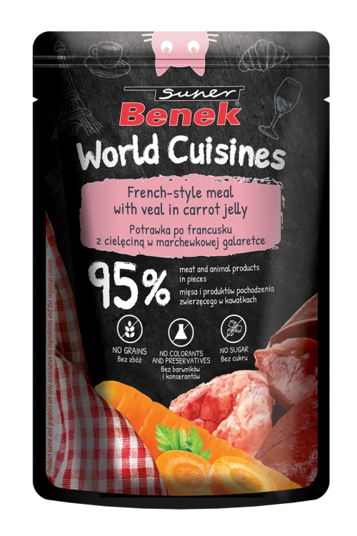 Super Benek World Cuisines Karma pełnoporcjowa dla dorosłych kotów. Potrawka po francusku z cielęciną w marchewkowej galaretce 100g