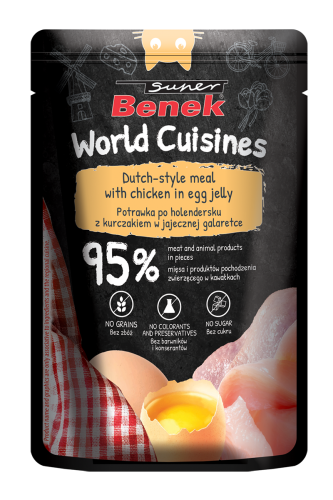 Super Benek World Cuisines Karma pełnoporcjowa dla dorosłych kotów. Potrawka po holendersku z kurczakiem w jajecznej galaretce 100g