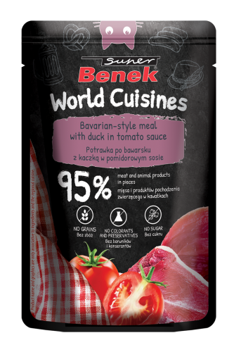 Super Benek World Cuisines Karma pełnoporcjowa dla dorosłych kotów. Potrawka po bawarsku z kaczką w pomidorowym sosie 100g