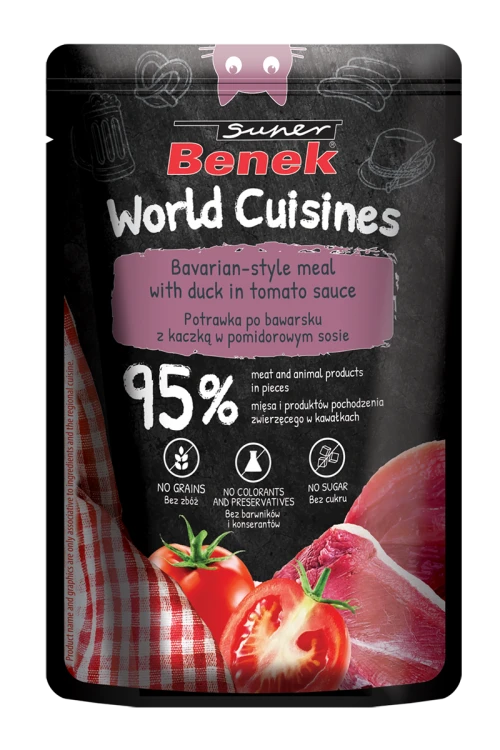 Super Benek World Cuisines Karma pełnoporcjowa dla dorosłych kotów. Potrawka po bawarsku z kaczką w pomidorowym sosie 100g