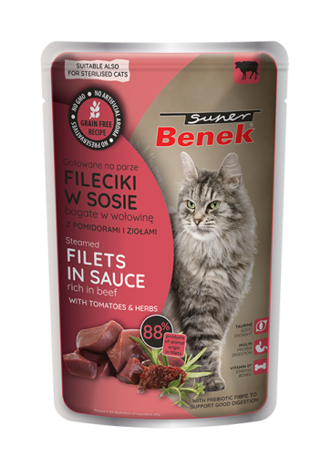Super Benek Bezzbożowe fileciki gotowane na parze bogate w wołowinę, z pomidorami i ziołami w sosie 85 g