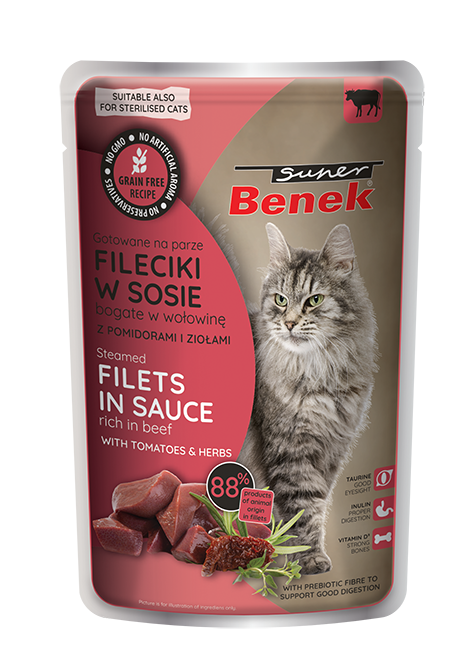 Super Benek Bezzbożowe fileciki gotowane na parze bogate w wołowinę, z pomidorami i ziołami w sosie 85 g
