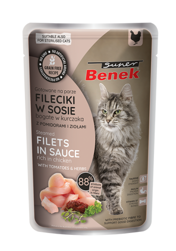 Super Benek Bezzbożowe fileciki gotowane na parze bogate w kurczaka, z pomidorami i ziołami w sosie 85 g