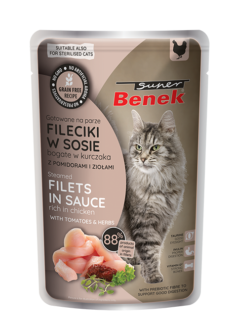 Super Benek Bezzbożowe fileciki gotowane na parze bogate w kurczaka, z pomidorami i ziołami w sosie 85 g