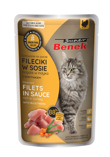 Super Benek Bezzbożowe fileciki gotowane na parze bogate w indyka, z rokitnikiem w sosie 85 g