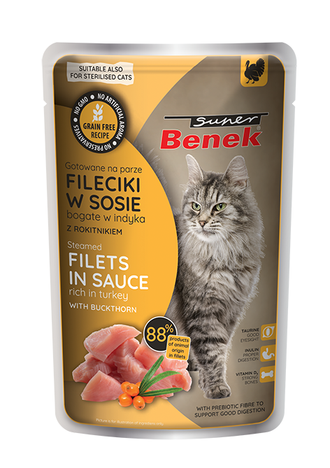 Super Benek Bezzbożowe fileciki gotowane na parze bogate w indyka, z rokitnikiem w sosie 85 g